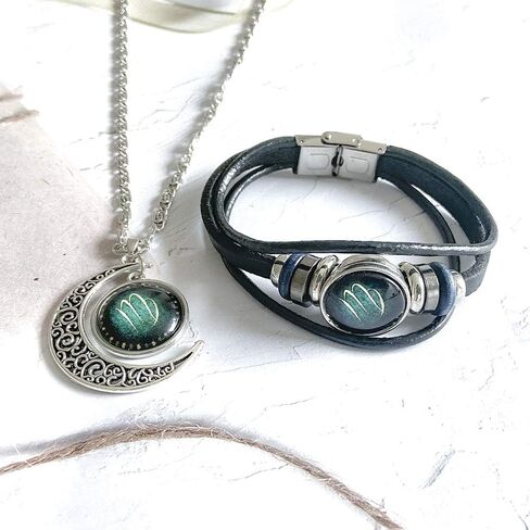 2 Pcs Zodiac Necklace Bracelet Gift for Men Constellation Necklace Astrology Galaxy & Crescent Moon Necklace Leather Constellation Bracelet for Men Jewelry Set Birthday Christmas Gift for Women in Saudi Arabia