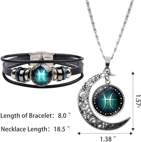 2 Pcs Zodiac Necklace Bracelet Gift for Men Constellation Necklace Astrology Galaxy & Crescent Moon Necklace Leather Constellation Bracelet for Men Jewelry Set Birthday Christmas Gift for Women in Saudi Arabia