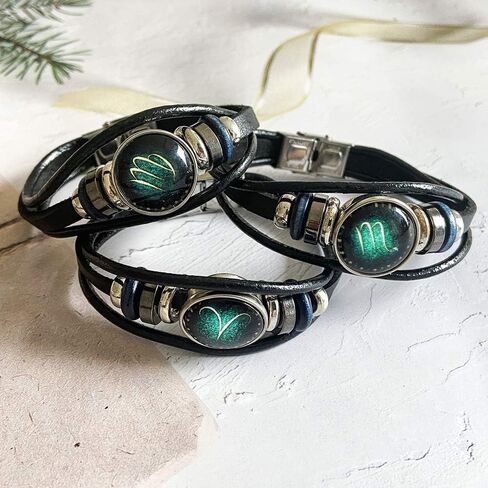 2 Pcs Zodiac Necklace Bracelet Gift for Men Constellation Necklace Astrology Galaxy & Crescent Moon Necklace Leather Constellation Bracelet for Men Jewelry Set Birthday Christmas Gift for Women in Saudi Arabia