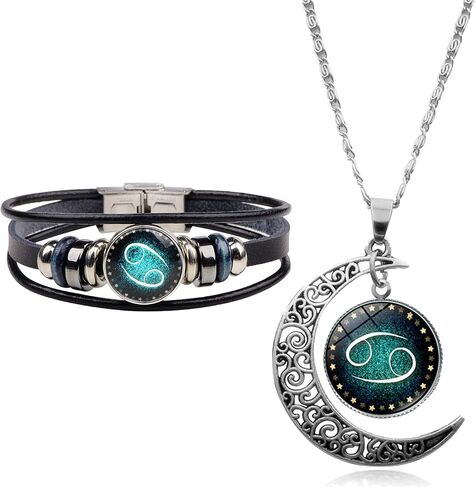 2 Pcs Zodiac Necklace Bracelet Gift for Men Constellation Necklace Astrology Galaxy & Crescent Moon Necklace Leather Constellation Bracelet for Men Jewelry Set Birthday Christmas Gift for Women in Saudi Arabia