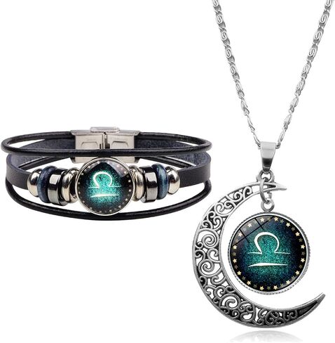 2 Pcs Zodiac Necklace Bracelet Gift for Men Constellation Necklace Astrology Galaxy & Crescent Moon Necklace Leather Constellation Bracelet for Men Jewelry Set Birthday Christmas Gift for Women in Saudi Arabia