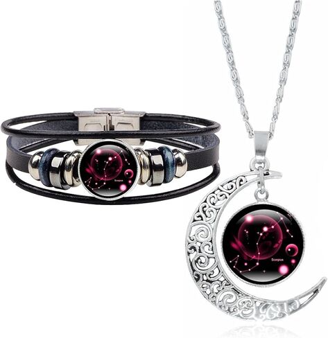 2 قطعة قلادة زودياك سوار هدية للرجال كوكبة قلادة علم التنجيم المجرة والهلال القمر قلادة جلدية كوكبة سوار للرجال مجموعة مجوهرات عيد ميلاد هدية عيد الميلاد للنساء in Kuwait