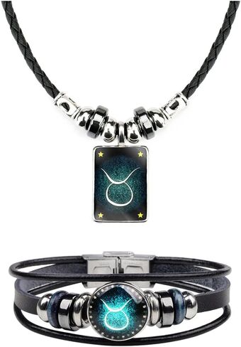 Retro Zodiac Necklace Bracelet Constellations Zodiac Sign Leather Bracelet Rectangle Zodiac Star Necklaces Jewelry Set Gift for Women Men in Saudi Arabia