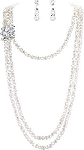 EVER FAITH Women's Crystal Cream Simulated Pearl 1920s Gatsby Multilayer Vintage Bridal Jewelry Set with Flower Brooch in Saudi Arabia