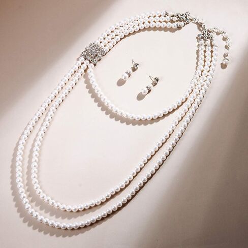 EVER FAITH Women's Crystal Cream Simulated Pearl 1920s Gatsby Multilayer Vintage Bridal Jewelry Set with Flower Brooch in Saudi Arabia