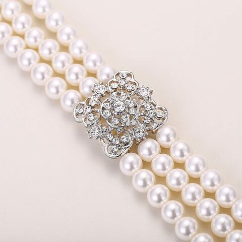 EVER FAITH Women's Crystal Cream Simulated Pearl 1920s Gatsby Multilayer Vintage Bridal Jewelry Set with Flower Brooch in Saudi Arabia