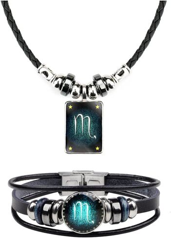 Retro Zodiac Necklace Bracelet Constellations Zodiac Sign Leather Bracelet Rectangle Zodiac Star Necklaces Jewelry Set Gift for Women Men in Saudi Arabia
