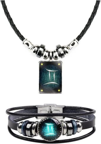 Retro Zodiac Necklace Bracelet Constellations Zodiac Sign Leather Bracelet Rectangle Zodiac Star Necklaces Jewelry Set Gift for Women Men in Saudi Arabia