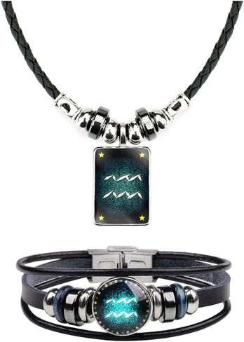 Retro Zodiac Necklace Bracelet Constellations Zodiac Sign Leather Bracelet Rectangle Zodiac Star Necklaces Jewelry Set Gift for Women Men in Saudi Arabia