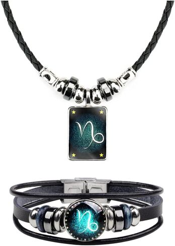 Retro Zodiac Necklace Bracelet Constellations Zodiac Sign Leather Bracelet Rectangle Zodiac Star Necklaces Jewelry Set Gift for Women Men in Saudi Arabia
