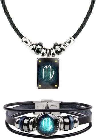 Retro Zodiac Necklace Bracelet Constellations Zodiac Sign Leather Bracelet Rectangle Zodiac Star Necklaces Jewelry Set Gift for Women Men in Saudi Arabia