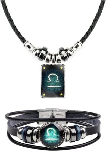 Retro Zodiac Necklace Bracelet Constellations Zodiac Sign Leather Bracelet Rectangle Zodiac Star Necklaces Jewelry Set Gift for Women Men in Saudi Arabia