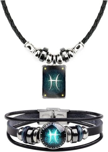 Retro Zodiac Necklace Bracelet Constellations Zodiac Sign Leather Bracelet Rectangle Zodiac Star Necklaces Jewelry Set Gift for Women Men in Saudi Arabia