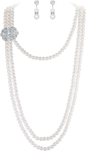 EVER FAITH Women's Crystal Cream Simulated Pearl 1920s Gatsby Multilayer Vintage Bridal Jewelry Set with Flower Brooch in Saudi Arabia