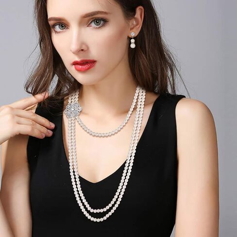 EVER FAITH Women's Crystal Cream Simulated Pearl 1920s Gatsby Multilayer Vintage Bridal Jewelry Set with Flower Brooch in Saudi Arabia