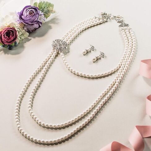 EVER FAITH Women's Crystal Cream Simulated Pearl 1920s Gatsby Multilayer Vintage Bridal Jewelry Set with Flower Brooch in Saudi Arabia