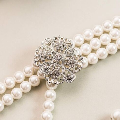 EVER FAITH Women's Crystal Cream Simulated Pearl 1920s Gatsby Multilayer Vintage Bridal Jewelry Set with Flower Brooch in Saudi Arabia