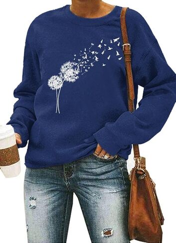 Woffccrd المرأة الهندباء مع الطيور البلوز طويلة الأكمام Crewneck قمصان فضفاضة زهرة البرية الجرافيك المحملة البلوز القمم in Kuwait