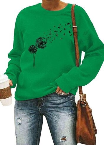 Woffccrd المرأة الهندباء مع الطيور البلوز طويلة الأكمام Crewneck قمصان فضفاضة زهرة البرية الجرافيك المحملة البلوز القمم in Kuwait
