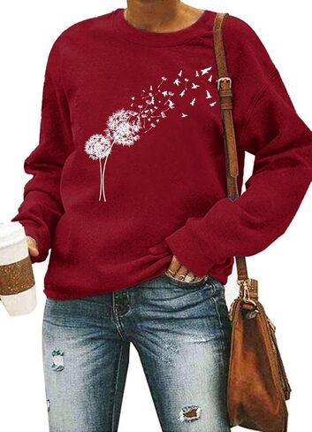 Woffccrd المرأة الهندباء مع الطيور البلوز طويلة الأكمام Crewneck قمصان فضفاضة زهرة البرية الجرافيك المحملة البلوز القمم in Kuwait