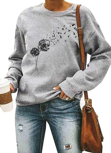 Woffccrd المرأة الهندباء مع الطيور البلوز طويلة الأكمام Crewneck قمصان فضفاضة زهرة البرية الجرافيك المحملة البلوز القمم in Kuwait