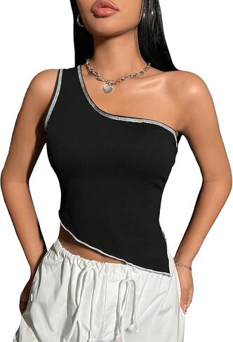 SOLY HUX Women's One Shoulder Sleeveless Tank Tops Contrast Binding Asymmetrical Hem Crop Top in Saudi Arabia