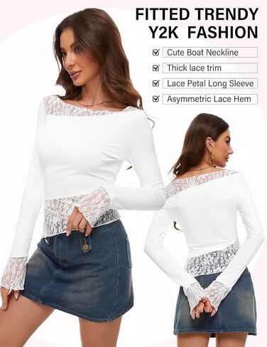 تي شيرت نسائي من Kenaque بأكمام طويلة من الدانتيل تي شيرت برقبة دائرية وقصة ضيقة ملابس علوية مثيرة Y2K للخروج تي شيرت للنادي ملابس الشارع 2024 in Kuwait