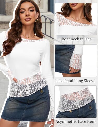 تي شيرت نسائي من Kenaque بأكمام طويلة من الدانتيل تي شيرت برقبة دائرية وقصة ضيقة ملابس علوية مثيرة Y2K للخروج تي شيرت للنادي ملابس الشارع 2024 in Kuwait