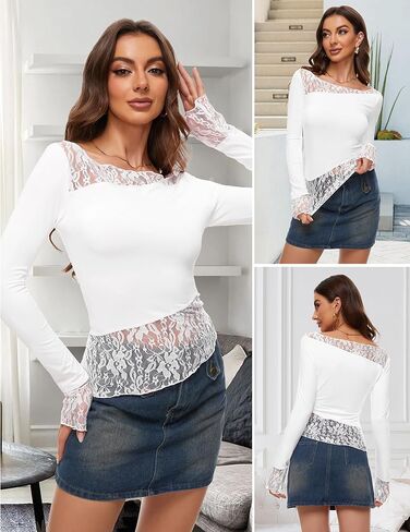 تي شيرت نسائي من Kenaque بأكمام طويلة من الدانتيل تي شيرت برقبة دائرية وقصة ضيقة ملابس علوية مثيرة Y2K للخروج تي شيرت للنادي ملابس الشارع 2024 in Kuwait