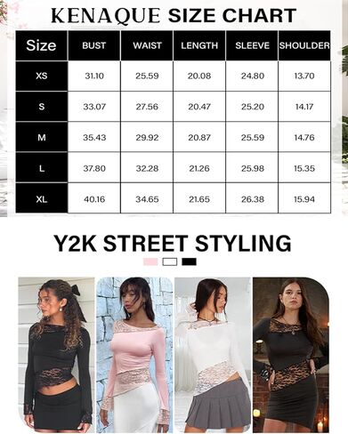 تي شيرت نسائي من Kenaque بأكمام طويلة من الدانتيل تي شيرت برقبة دائرية وقصة ضيقة ملابس علوية مثيرة Y2K للخروج تي شيرت للنادي ملابس الشارع 2024 in Kuwait