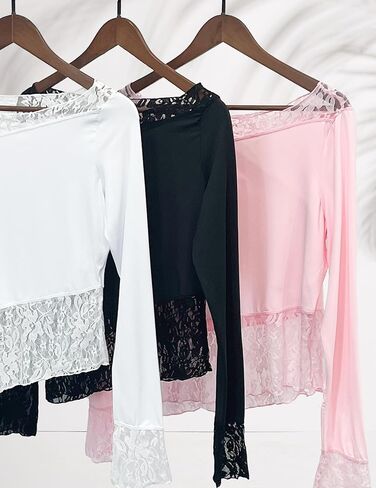 تي شيرت نسائي من Kenaque بأكمام طويلة من الدانتيل تي شيرت برقبة دائرية وقصة ضيقة ملابس علوية مثيرة Y2K للخروج تي شيرت للنادي ملابس الشارع 2024 in Kuwait