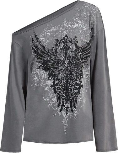 SHENHE Women's Graphic Long Sleeve Rhinestone Asymmetrical Neck Loose Y2k Tee Shirt Top in Saudi Arabia