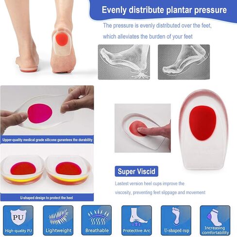 كوب جل للكعب لالتهاب اللفافة الأخمصية، أكواب الكعب لألم الكعب وآلام تحفيز العظام وعلاج وتر العرقوب، واقيات دعم راحة القدم للنساء والرجال (متوسط/صغير لكل زوج) in Kuwait