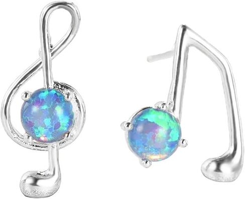 Opal Music Note Asymmetrical Stud Earrings for Women Girls White Gold Plated Round Created Opal Ear Piercing Dangle Drop Earring Fashion Jewelry Gifts Sensitive Ears in Saudi Arabia