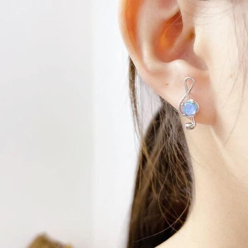 Opal Music Note Asymmetrical Stud Earrings for Women Girls White Gold Plated Round Created Opal Ear Piercing Dangle Drop Earring Fashion Jewelry Gifts Sensitive Ears in Saudi Arabia