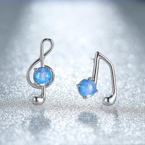 Opal Music Note Asymmetrical Stud Earrings for Women Girls White Gold Plated Round Created Opal Ear Piercing Dangle Drop Earring Fashion Jewelry Gifts Sensitive Ears in Saudi Arabia