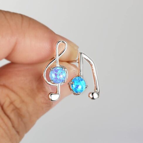 Opal Music Note Asymmetrical Stud Earrings for Women Girls White Gold Plated Round Created Opal Ear Piercing Dangle Drop Earring Fashion Jewelry Gifts Sensitive Ears in Saudi Arabia