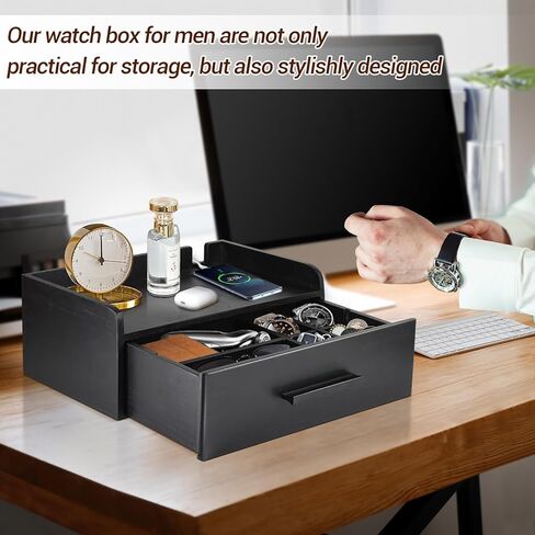 صندوق ساعة للرجال مع درج، حافظة ساعة خشبية للرجال، منظم صندوق الساعة لتخزين وعرض الساعة، هدية للأب والزوج والصديق في عيد الحب، وعيد الأب، وعيد الميلاد، وصندوق المجوهرات in Kuwait