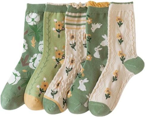 Tooe Women's Cottagecore Flower Socks 5Pairs Kawaii Preppy Crew Socks Cute Lace Ankle Socking Coquette Casual Socks in Saudi Arabia