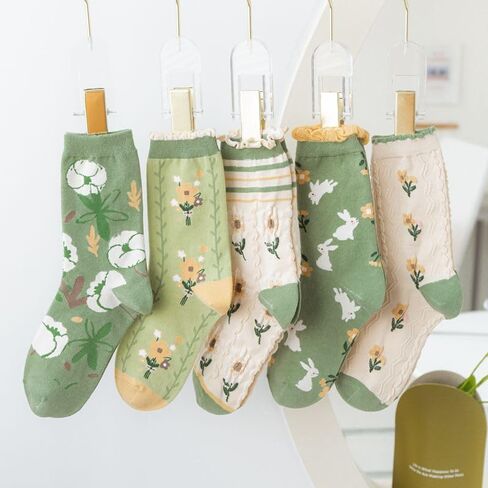 Tooe Women's Cottagecore Flower Socks 5Pairs Kawaii Preppy Crew Socks Cute Lace Ankle Socking Coquette Casual Socks in Saudi Arabia