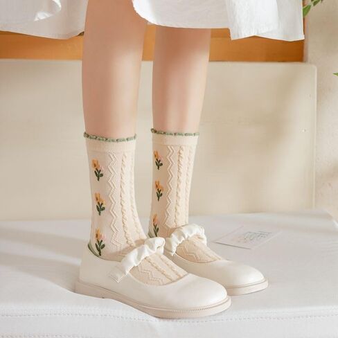 Tooe Women's Cottagecore Flower Socks 5Pairs Kawaii Preppy Crew Socks Cute Lace Ankle Socking Coquette Casual Socks in Saudi Arabia