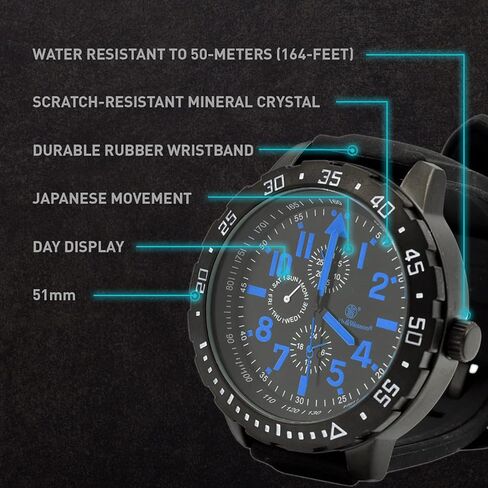 Smith & Wesson Men's Calibrator Watch, 5 ATM, Stainless Steel Caseback, Black Rubber Strap, Blue Numbers, Tactical Watch, Precision Quart, Scratch Resistant, Father's Day Gift, 51mm in Kuwait