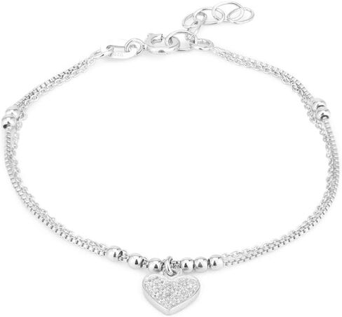 Vanbelle Rhodium Plated 925 Sterling Silver Double Layered Beaded Chain with Dangling Heart Charm & Cubic Zirconia Stones Bracelet for Women and Girls in Kuwait