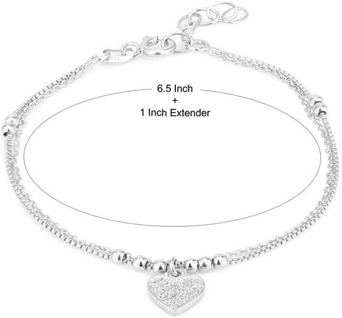 Vanbelle Rhodium Plated 925 Sterling Silver Double Layered Beaded Chain with Dangling Heart Charm & Cubic Zirconia Stones Bracelet for Women and Girls in Kuwait