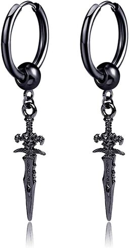Retro Punk Sword Dangle Drop Cuff Huggie Small Hoop Earrings for Men Women Cartilage Kpop Hypoallergenic Stainless Steel Piercing Hanging Drop Cool Boys Hip Hop Fashion Personalized Best Friends Birthday in Saudi Arabia