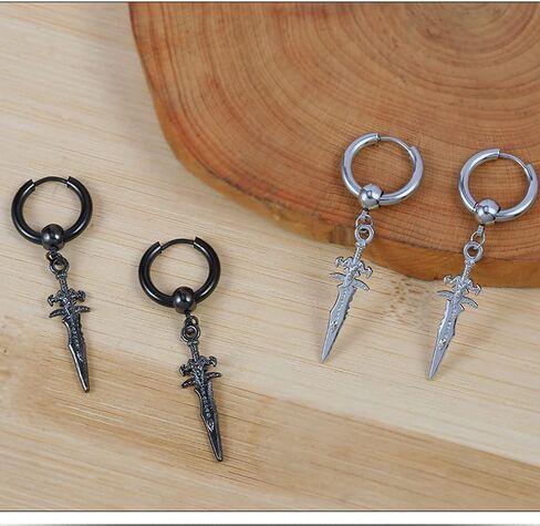 Retro Punk Sword Dangle Drop Cuff Huggie Small Hoop Earrings for Men Women Cartilage Kpop Hypoallergenic Stainless Steel Piercing Hanging Drop Cool Boys Hip Hop Fashion Personalized Best Friends Birthday in Saudi Arabia