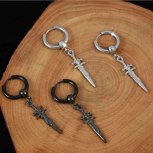 Retro Punk Sword Dangle Drop Cuff Huggie Small Hoop Earrings for Men Women Cartilage Kpop Hypoallergenic Stainless Steel Piercing Hanging Drop Cool Boys Hip Hop Fashion Personalized Best Friends Birthday in Saudi Arabia