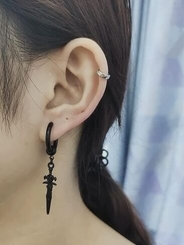 Retro Punk Sword Dangle Drop Cuff Huggie Small Hoop Earrings for Men Women Cartilage Kpop Hypoallergenic Stainless Steel Piercing Hanging Drop Cool Boys Hip Hop Fashion Personalized Best Friends Birthday in Saudi Arabia