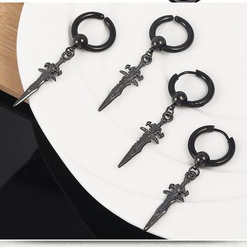 Retro Punk Sword Dangle Drop Cuff Huggie Small Hoop Earrings for Men Women Cartilage Kpop Hypoallergenic Stainless Steel Piercing Hanging Drop Cool Boys Hip Hop Fashion Personalized Best Friends Birthday in Saudi Arabia