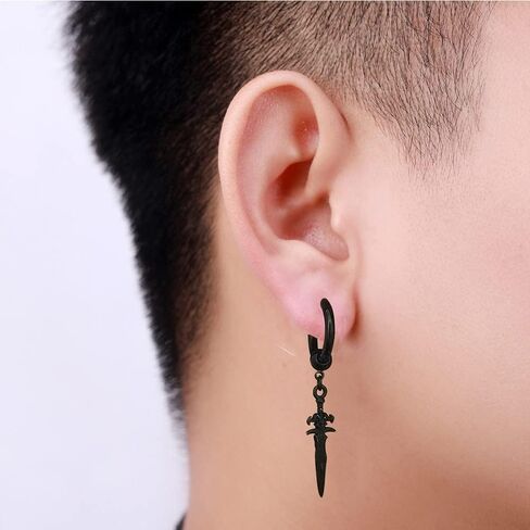 Retro Punk Sword Dangle Drop Cuff Huggie Small Hoop Earrings for Men Women Cartilage Kpop Hypoallergenic Stainless Steel Piercing Hanging Drop Cool Boys Hip Hop Fashion Personalized Best Friends Birthday in Saudi Arabia